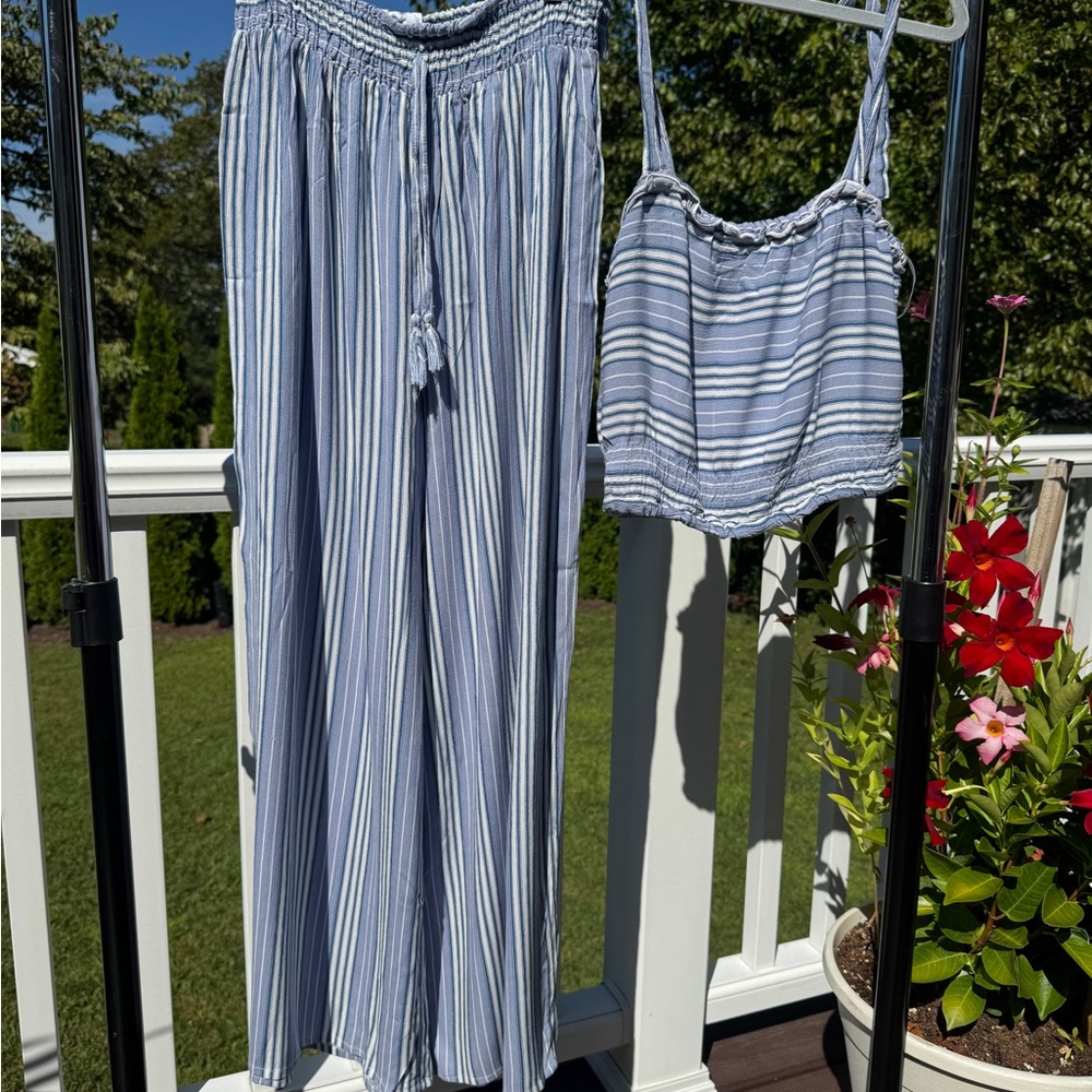 Striped Wide-Leg Pants - Light Blue
